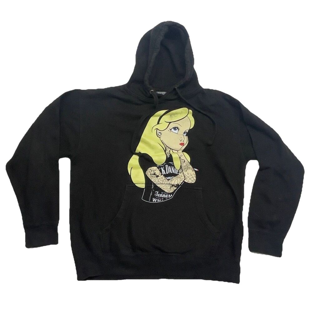 Ten Adult LARGE Jack Daniels Alice in Wonderland Tattoo Pullover Black Hoodie